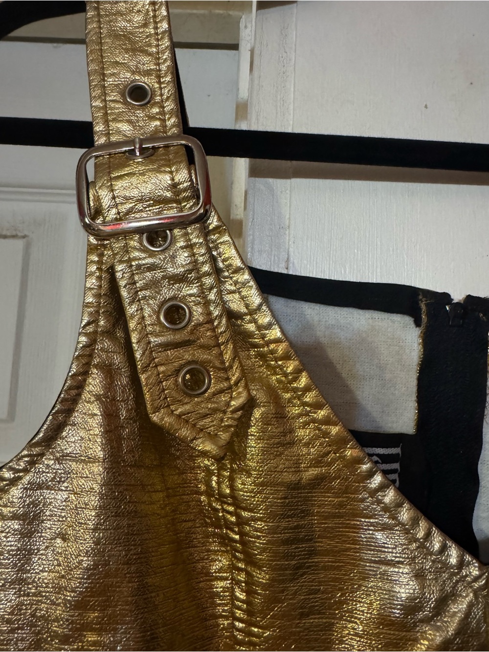Vintage 90s rare Lip Service Gold Metallic Buckle-Strap Mini Dress goth S - Picture 3 of 8